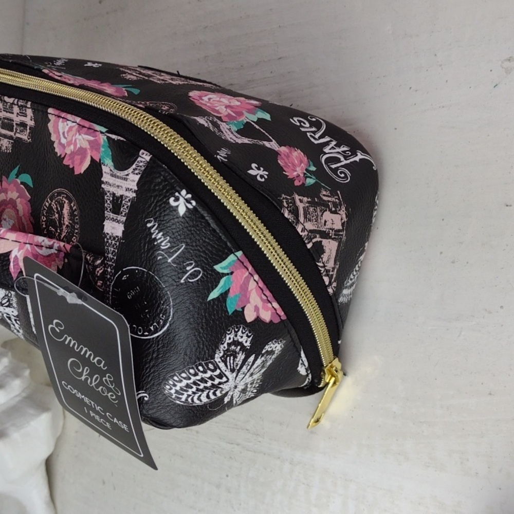 Emma & Chloe Black & Pink Floral & Paris Themed Women's Make-up Bag NWT - Picture 4 of 13
